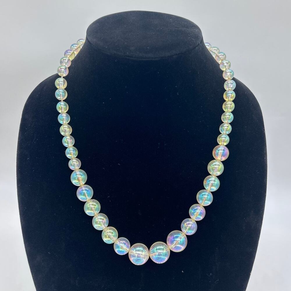 Vintage Aurora Borealis Necklace Graduated Round Beads Costume Jewelry 50s